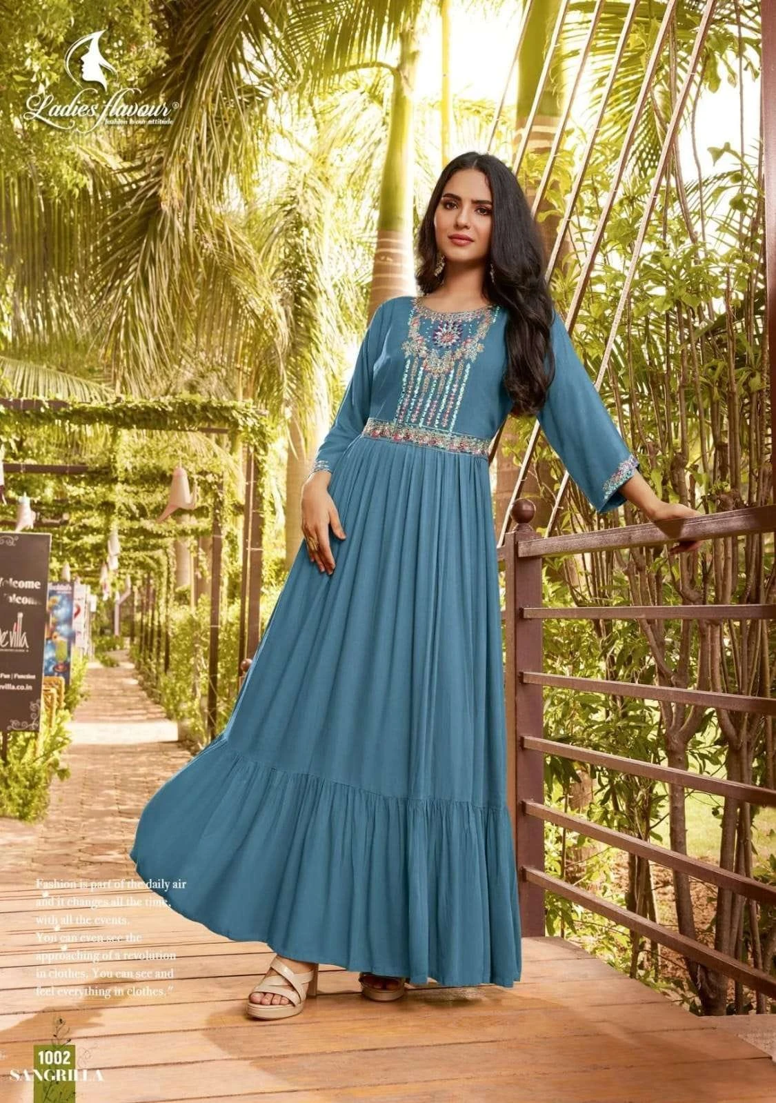 Ladies Flavour Sangrilla Heavy Rayon Rinkle Wholesale Fancy Long Gown Catalog — Wholesale Kurtis, MPA wholesale from Surat - Gallery Image 3